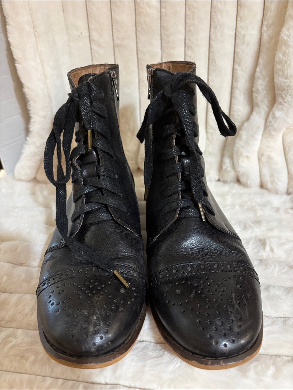 Sprout Black Leather Lace Up Brogue Ankle Boots Cap Toe Oxfords Size 8 8.5